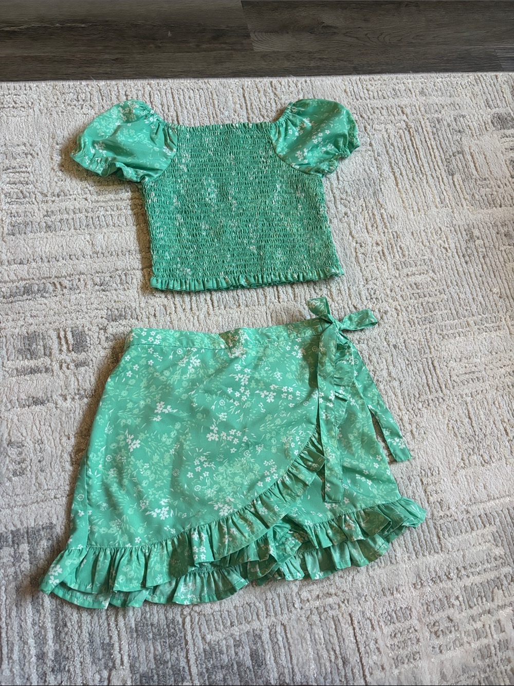 Girls Mint Floral Smocked Top & Wrap Skirt Set